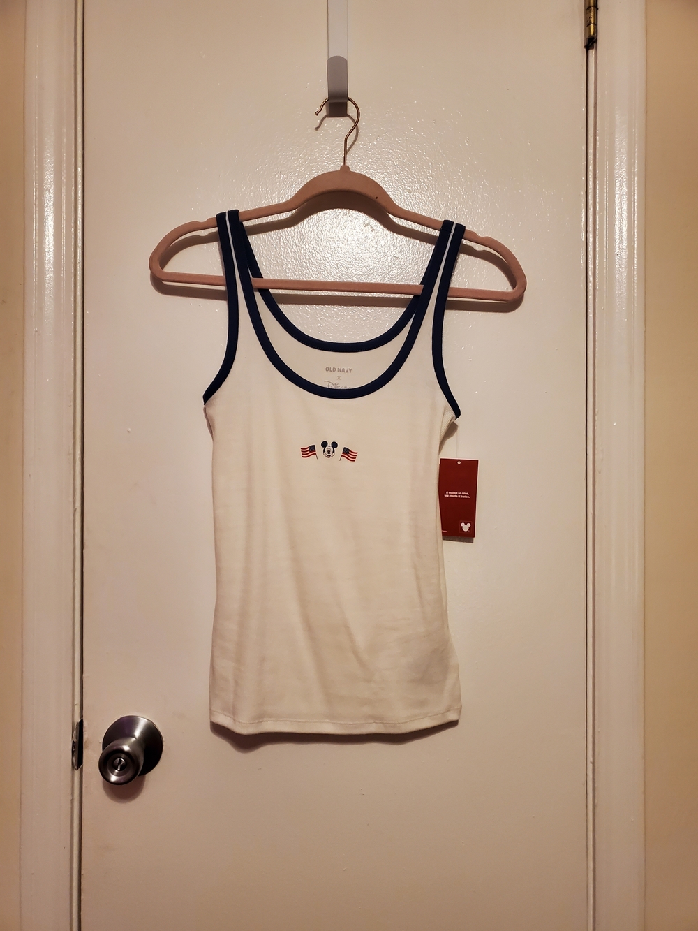 Old Navy White Tank Top with Navy Trim - Mickey Flag Motif